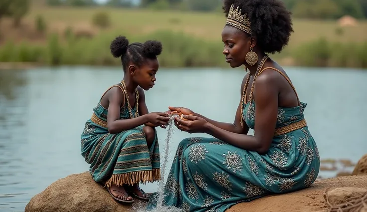 Here’s a realistic prompt for this image:

"A regal beautiful black african woman with natural hair is sitting on river side on an big rock washing clothes with ren, one boy and one girl    , their traditional attire adorned with intricate patterns of blue...