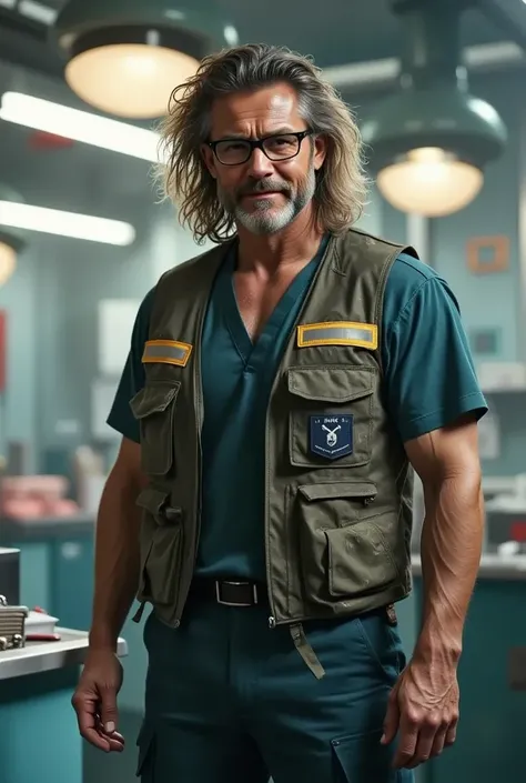 ((full body)), ((4k)), a 50 years fair old man, wearing glasses, dirty vests, ((long hair)), ((experient paramedic surgeon)), (preparing for surgery)