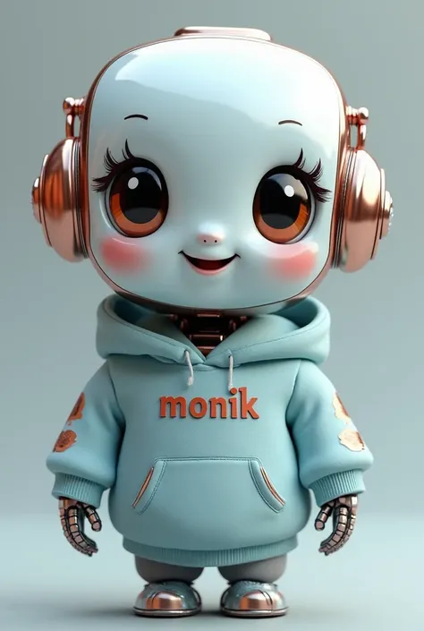 Silver robotics , rose gold metallic headphones , big Hanzel eyes with eyelashes ,  smiling , Chubby and that she has a light blue hoodie that says Monik in Rose Gold