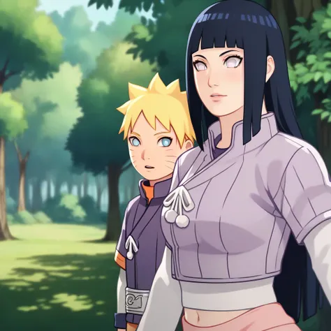 Hinata Uzumaki (NARUTO), 1girl, High Resolution, Best Quality, Masterpiece, Anatomically Correct, Textured Skin, Long Hair, Hime Cut, Dark Blue Hair, White Eyes, Breasts: 105cm, Height: 163cm, Sexy Kunoichi Armor, Forest