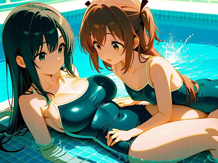 Ning々and Airi　Ning々Is a petite, long girl, big boobs in a swimsuit, black hair, big boobs　Airi has brown hair, a bob, a girl in a swimsuit, small breasts, two girls are playing in the pool, and they are splashing water on each other