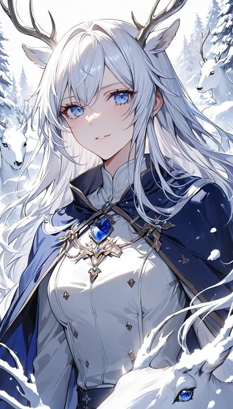 Detailed eye depiction， one woman，Duke，nice，Handsome ，beauty，grace，Slender， Silver White Long Hair， Light Blue Eyes ，Delicate five-pointed detail ， exquisite eyes , gentle smile ， Dark Blue Army Uniform，cloak， black gloves ， Western fantasy， perfect human ...