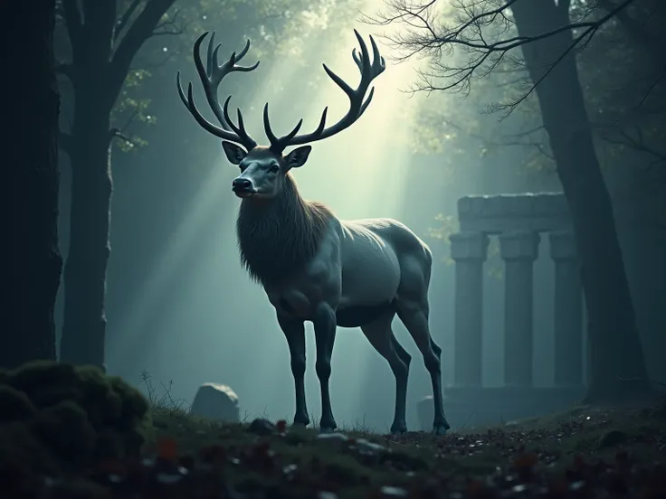 A full height, dramatic stance of the spirit of the forest, a huge full antler white stag. Misty forest background with (strong moon-rays:1.5)  streaming through the tree branches, lighting the ruins of a castle, its stance is strong and proud, slightly in...