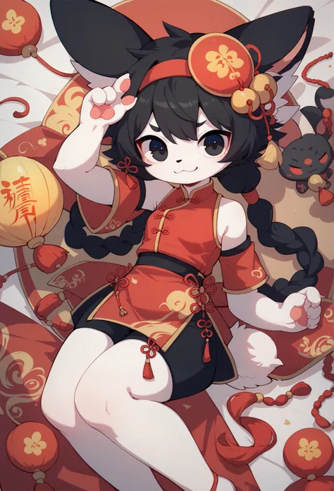 very cute bunny girl， furry girl， white skin ， Black Hair ， Female Toddler Characteristics ，Droopy ears, Hanfu，Red envelope，firecracker，Chinese New Year