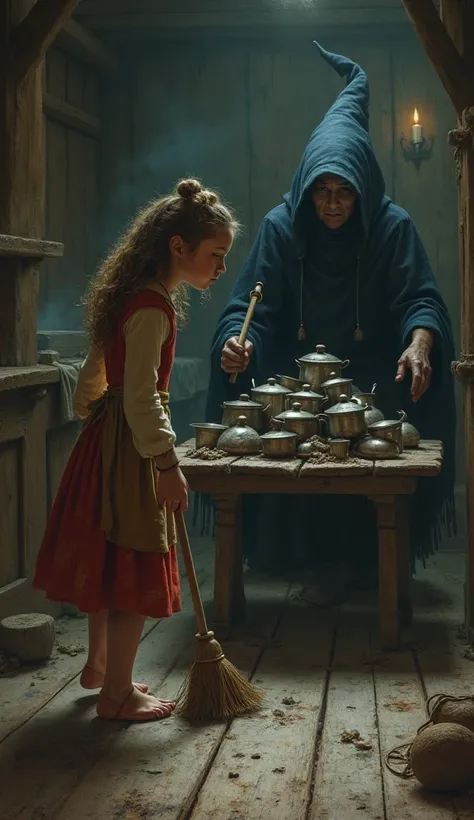 from the previous image, Please generate an image for next scene of Gretel sweeps the wooden floor of the witch’s house, looking tired and sad. A pile of dirty pots and pans sits on a rustic wooden table, while the witch lounges in a large chair, watching ...