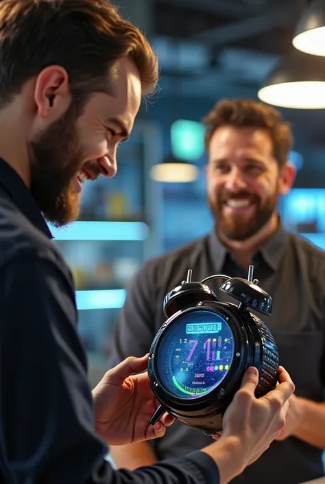  The shopkeeper smiled while holding a sophisticated alarm clock.  The clock had a large digital display , colorful LED lights ,  and futuristic knobs .  The shopkeeper explained the clock's features with zeal ,  while the man listened with a neutral expre...