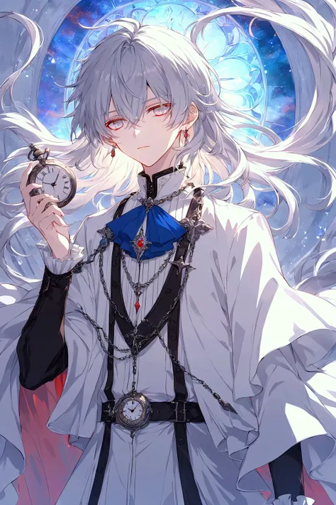 Illustration, highest quality, pixiv illustration, very detailed animation, (alone), (male), male, blonde, silver eyes, god, colorful white clothes, fantastic shading, pocket watch, fantasy background, long hair