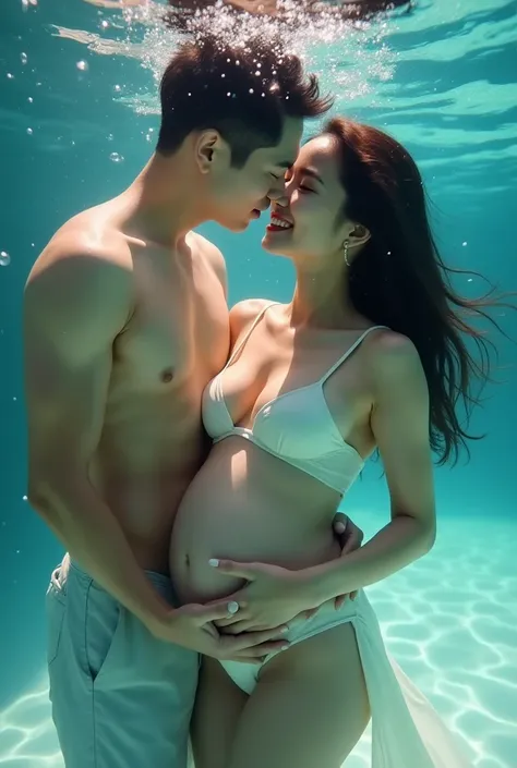  Korean pregnant beauty wears swimsuit,  husband kisses wife's belly , underwater photoshoot, smile.