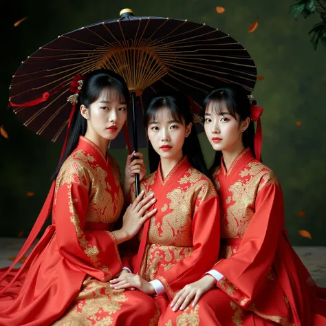 Very detailed images of three young Korean women,  wearing bright red Hanfu ,  traditional chinese clothing.  Hanfu features intricate gold embroidery depicting an intricate phoenix or peacock .  Hanfu's thick and graceful long sleeves wrap around her body...