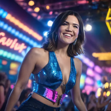 best quality, highres, 8k, masterpiece, photography, detailed midbody photorealistic portrait. Mandy Moore sizzles up the neon lit stage at Neon Nights wearing an electric blue body chain adorned with silver studs. She wears platform heeled boots that flas...