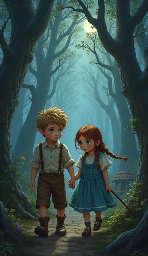 Please generate an image for Hansel and Gretel, two lost siblings, wander through a dark and dense forest. Hansel, a blond-haired boy in a brown tunic, clutches his sister’s hand, while Gretel, a red-haired girl in a blue dress, looks around nervously. The...