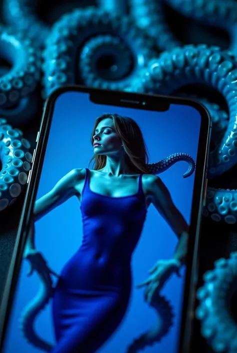 a close up of a cell phone with a picture of a woman in a blue dress, a colorized photo inspired by Yves Klein, trending on tumblr, video art, dark blue leotard costume, navy leotard costume, tentacles around, fine details. anime. tentacles, cardboard cuto...