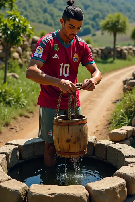 "A realistic depiction of Cristiano Ronaldo, wearing his iconic football jersey with his name and number clearly visible, drawing water from a traditional stone well in a rural setting. The scene captures Ronaldo pulling up a wooden bucket filled with wate...