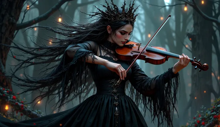 arafed image of a woman in a black dress playing a violin, eerie music, gothic maiden, gothic art style, goddess of death, just art for dark metal music, gothic horror vibes, gothic art, gothic fantasy art, gothic aesthetic, gothic fantasy, gothic maiden o...