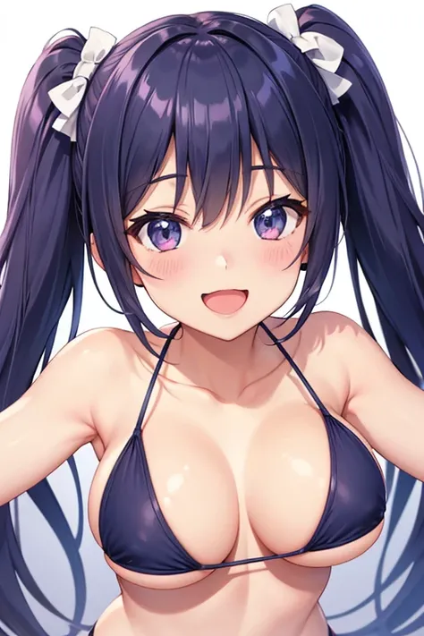  best quality,  in ultra high quality, 8k,  upper body,  cute,  from the front, smile,  open their mouths, anime,  micro bikini,  Twin Tails, Beautiful breasts, 