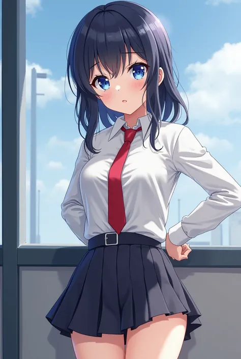 Anime girl with big blue eyes. Sexually leaned over with cancer. In a short office skirt. Sexy ass is visible.