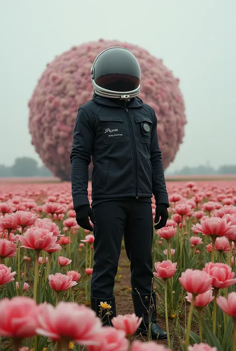 Astronaut in a beautiful black suit, field of flowers, ball of wool like flowers, giant ball of wool, ((by Andreas Gursky))