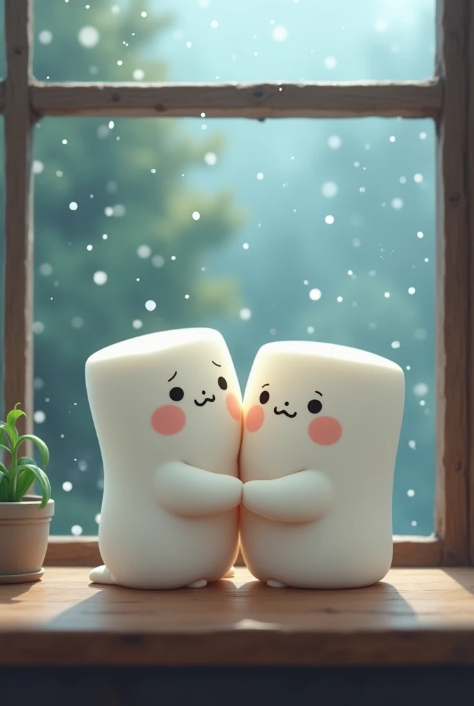 A couple of sad marshmallows sitting close together on a wooden table, holding hands, with a rainy window in the background. 2D cartoon style inspired by Studio Ghibli, soft diffuse lighting with raindrop reflections, muted pastel tones like pale blues, gr...