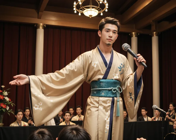 A young man dressed in a traditional Japanese kimono stands in the center of a large, ornate classical concert hall. He holds a microphone and sings passionately with a heartfelt expression. The classical concert hall is decorated with elaborate woodwork, ...