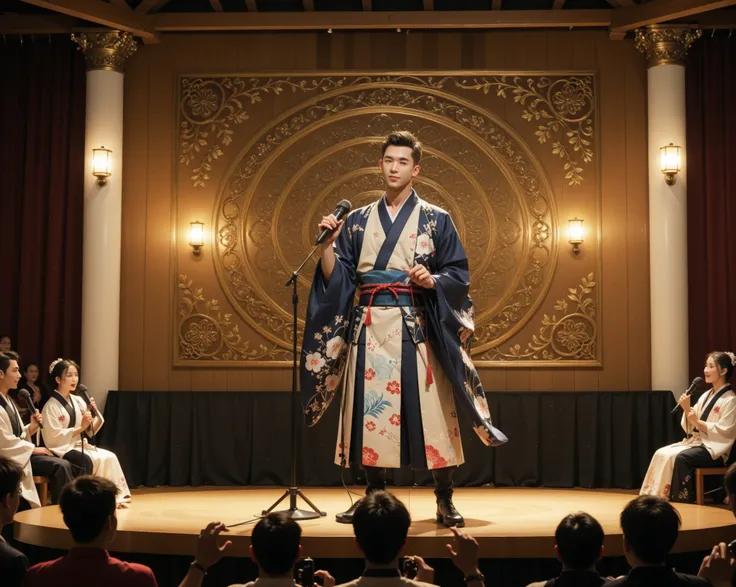 A young man dressed in a traditional Japanese kimono stands in the center of a large, ornate classical concert hall. He holds a microphone and sings passionately with a heartfelt expression. The classical concert hall is decorated with elaborate woodwork, ...