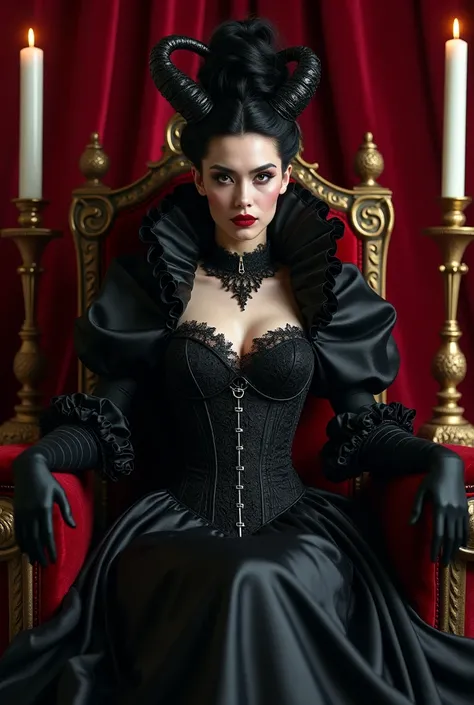 A powerful and regal dark queen sitting on an ornate red velvet throne, dressed in an elegant gothic black satin gown with intricate lace details. She wears a structured corset with silver hooks and a dramatic, high-collared neckline. Her sleeves are puffe...