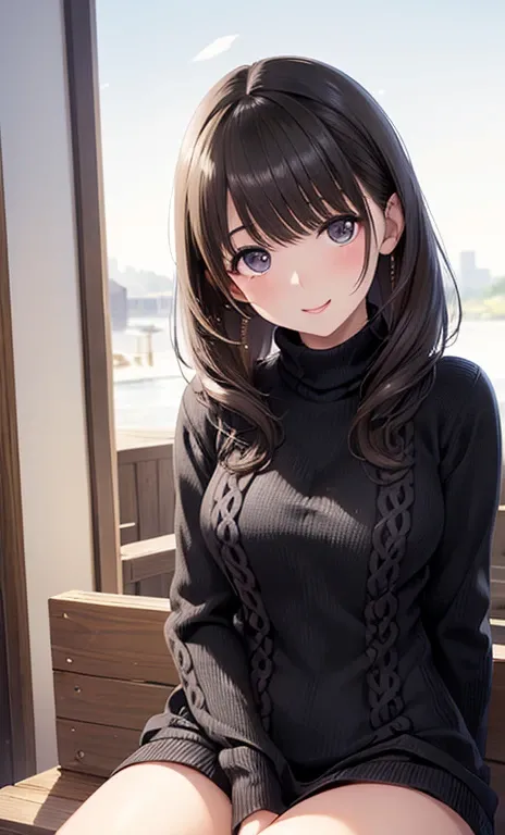 anegasaki nene, shiny chestnut hair, (brown pretty eyes, sparkling eyes, fine eyes), smiling face, super detailed eyes, highly detailed face, highly detailed eyes, (masterpiece:1.2, best quality), 1 girl, cowboy shot, 




(Thick Black Sweater  : 1.5)、  (s...