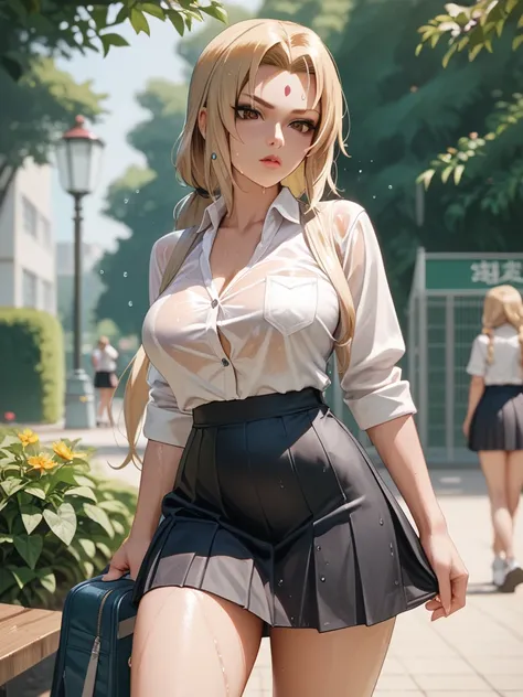 Female, large boobs, sexy fit shape body, white silk satin blouse, tight black skirt, long hair, blonde hair, 30 years old female, summer, soaked in sweat, teacher, school park, outdoor, lady Tsunade style face