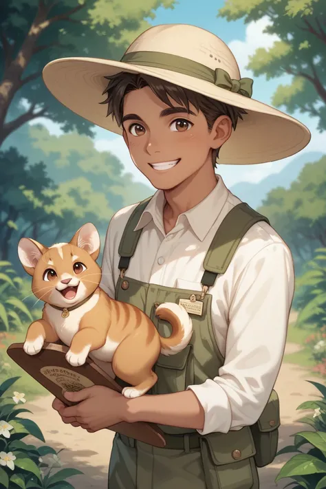 1 young man, cute handsome face. Dark Brown hair, brown eyes, pale skin. Safari, zookeeper man. Tan zookeeper attire with a tan pith hat. Happy face, smiling no teeth. Holding a clip board and a pen. Setting: a safari zoo enclosure.