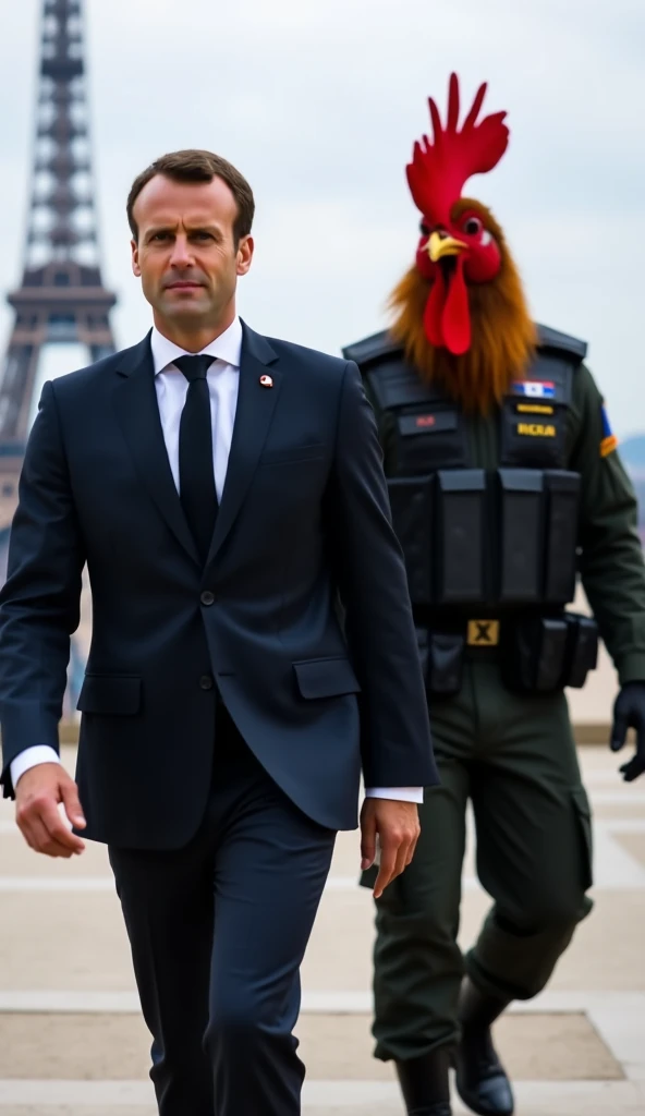 Emmanuel Macron in his suit, Walk with confidence. He is accompanied by a giant bodyguard, ultra muscular , With a rooster's head. Le garde du corps est équipé d'une tenue tactique du GIGN. In the background we can see the tip of the Eiffel Tower. 