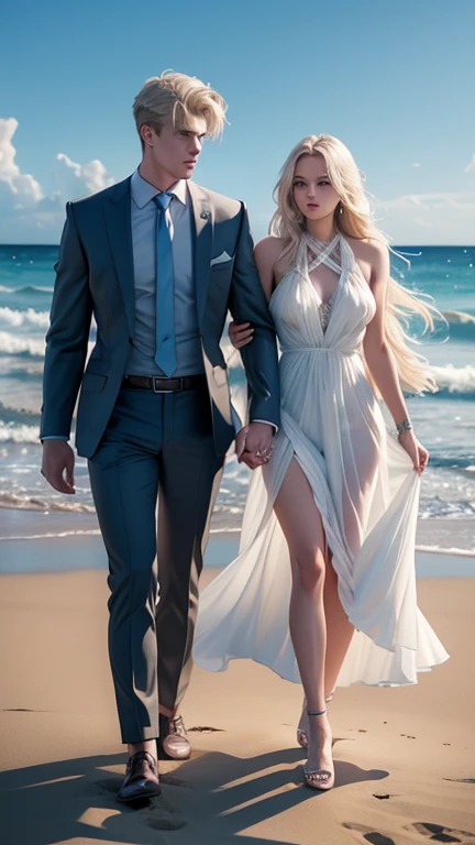   a young man and woman couple 、 tall  ,    Handsome Man High Athletic     ,      majestic young man - platinum blonde     ,   long bangs,  gray blue eyes   ,     High Athletic Build   ,        He's Walking on a Starry Beach     ,     S he is wearing a lig...