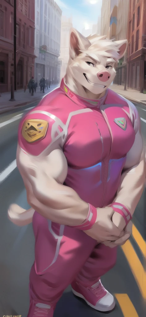  alone, male Tall​,huge​ body​, stand, road,pig polar ice pink ,  pink military spacesuit,  heavy overload,  muscle bundle, smirking happy ,by chunie ​