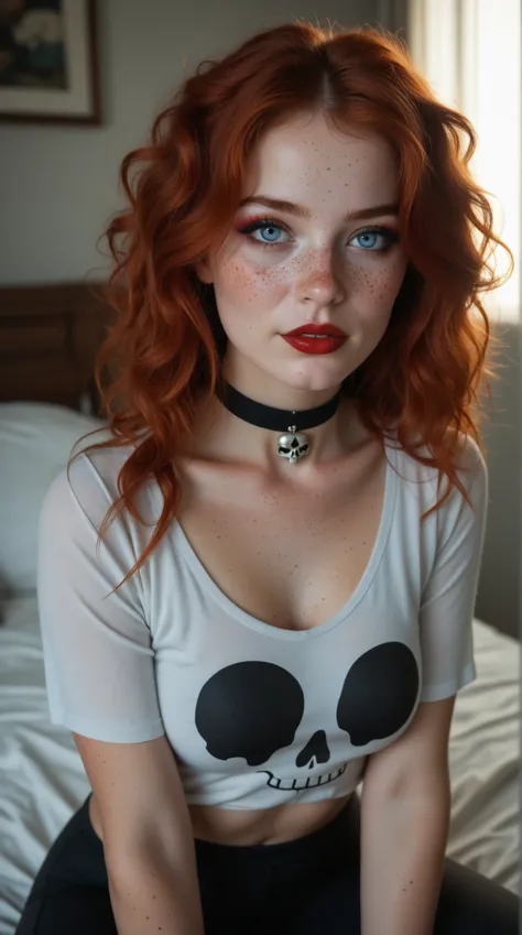 (best shadow), (19 years old), girl, blue eyes, pale white skin, messy wild hair, natural redhead, realistic freckles on face, realistic freckles on body, cute, sexy, slim body, c cup breasts, grey loose shirt, skull print, yoga pants, in a bedroom, extrem...