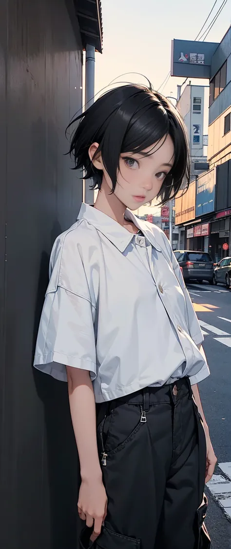 Chihiro, line drawing, 14-year-old Japanese female junior high school student, alone, Bad mood, sunset sky, (((asymmetrical short hair, black hair))), blue jacket, white shirt, short sleeves and hem, black sneakers, ((Black cargo pants)), humming, Look bac...