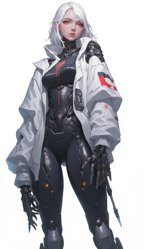 AI woman with black cyberbody, with grey details, hoody, very tall, with thick thighs, wide hips, long legs, and a slender waist. Realistic hands. Dark red glowing eyes, short flowing white hair. Nothing in her hand. Alluring, looking directly at the camer...