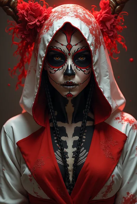 Sorcere supreme witch, red and black dia de los muertos face paint, white and red outifit, black power glow 