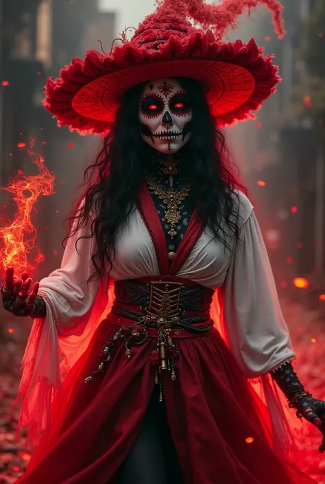 Sorcere supreme witch, red and black dia de los muertos face paint, white and red outifit, black power glow 