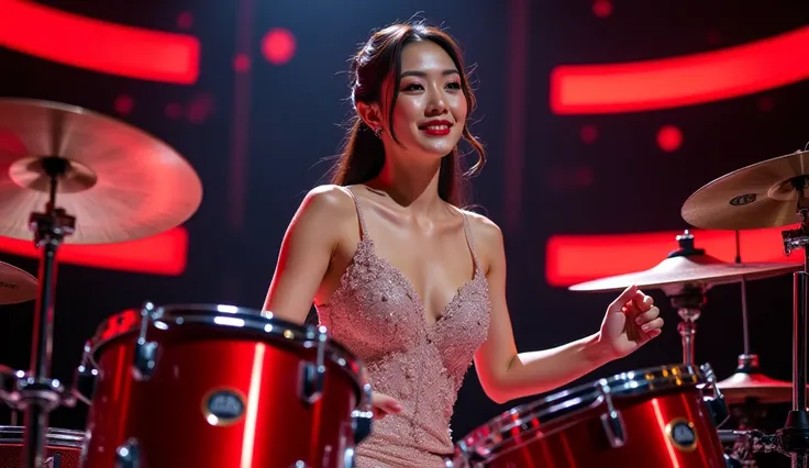 Beautiful Chinese girl wearing release two big tits playing Yamaha drum kit instrument in concert, portraits photos.