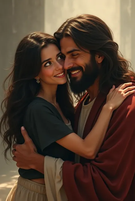 Girl with long black hair, With a slightly big mouth and a big nose with a black shirt and wide raised eyebrows he embraces Jesus who has long hair and both embrace each other while he smiles.