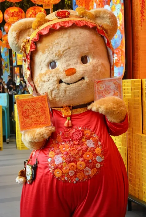 ิbuttebear wearing Chinese New Year costume Holding a red envelope and giving out money