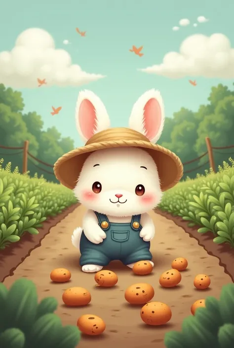 Image of a little white farmer bunny gathering potatoes from the ground