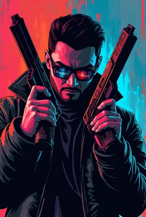 a close up of a person holding two guns in their hands, concept art by Wayne England, reddit, sots art, syndicate corporation, syndicate(2012), game logo, game icon stylized, promotional artwork, sam hyde, logo art, stylized game art, synthwave art style ]...