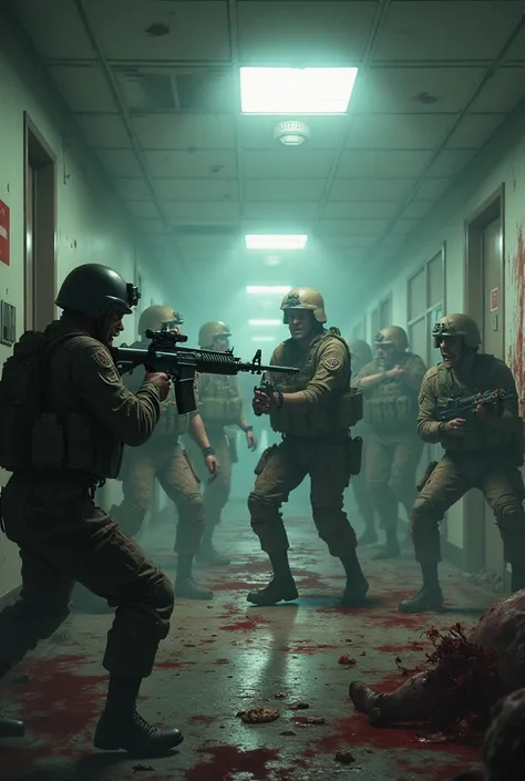 Soldiers killing zombies in a hospital