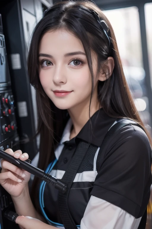 An absurd resolution, high res,20 age, (masterpiece: 1.4), super detailed , dark-haired young woman dressed as a technician, blushing and excited expression , Dark haired young woman dressed as a