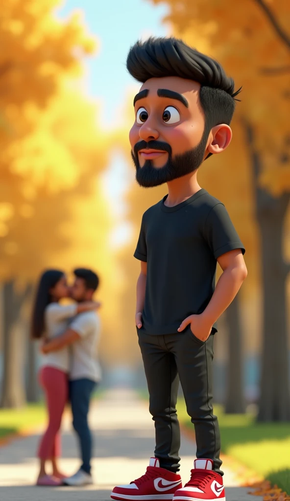 3D caricature. Big head but . High quality image. Of handsome Asian man with beard. Black shirt. Red and white Nike Jordan shoes standing with a sad face looking at. In front is a woman hugging a man (third person) in the distance. Very high resolution 32k...