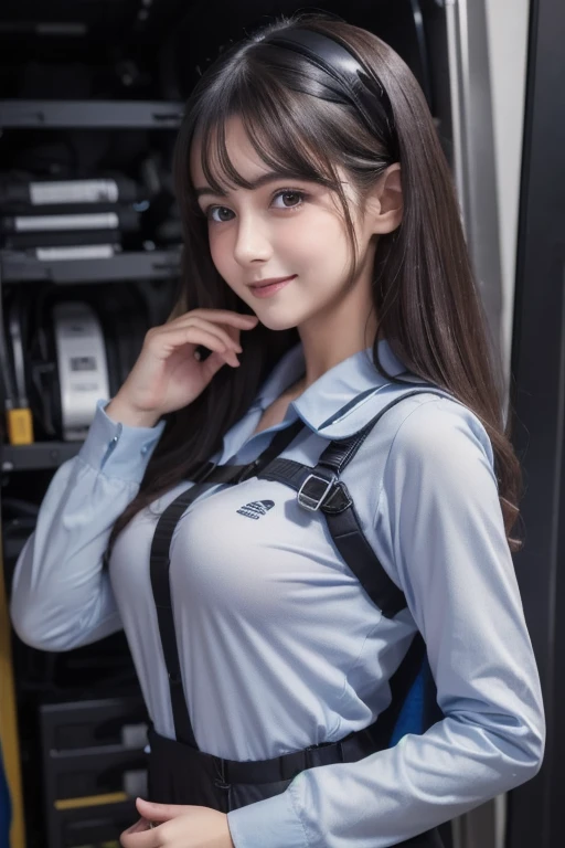 An absurd resolution, high res,20 age, (masterpiece: 1.4), super detailed , dark-haired young woman dressed as a technician, blushing and excited expression , Dark haired young woman dressed as a