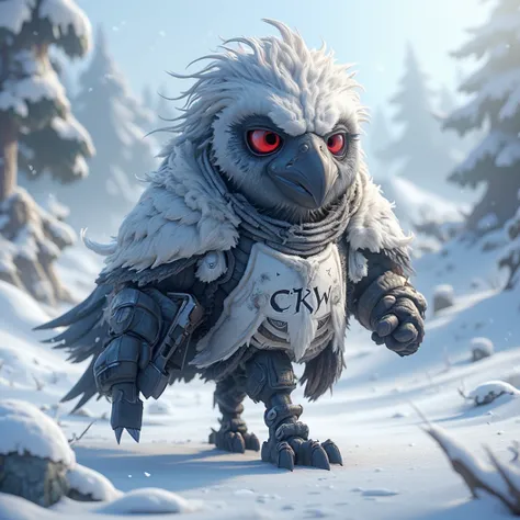 Small cute arctic krenku crow. Wild bed head, Wirey. Rushing around. Dishoveled ill-fitting modern white armor. Running late for battle. Gun too big for him. The name crow carved on his chest armor. Battle helmet too big. Arctic, snow, ice. Dynamic backdro...