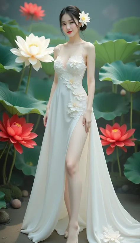 a woman in an elegant, flowing white gown adorned with floral designs. She is standing in a serene environment surrounded by large lotus flowers in various colors, including white and red, along with broad green leaves. The setting resembles a tranquil gar...