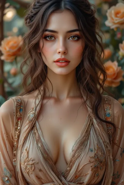 (Masterpeace,  high quality, High resolution,  realistic photo,  photography),  beautiful girl, age from 23 to 28 years,  Full face photo ,  with light eyes ,  with long wavy hair on her shoulders,  beautiful breasts,  beautiful and detailed face ,  cute s...