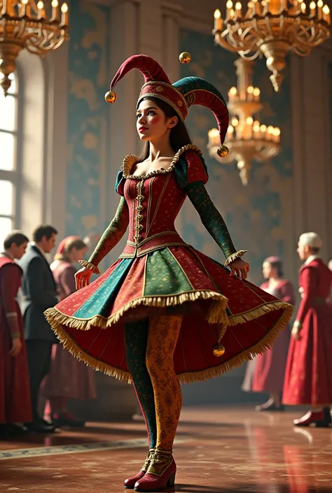 medieval female jester, in medieval ballroom, ultra realistic