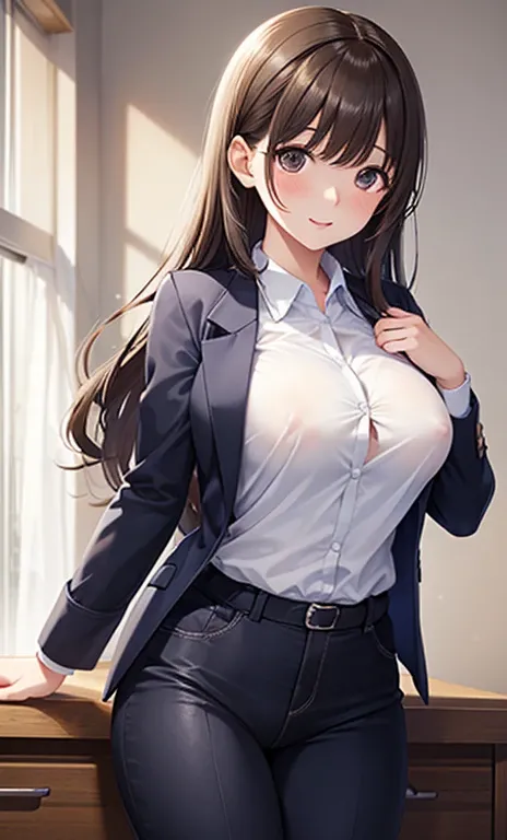 anegasaki nene, shiny chestnut hair, (brown pretty eyes, sparkling eyes, fine eyes), smiling face, super detailed eyes, highly detailed face, highly detailed eyes, (masterpiece:1.2, best quality), 1 girl, cowboy shot, 




 woman who hides and shows her cr...